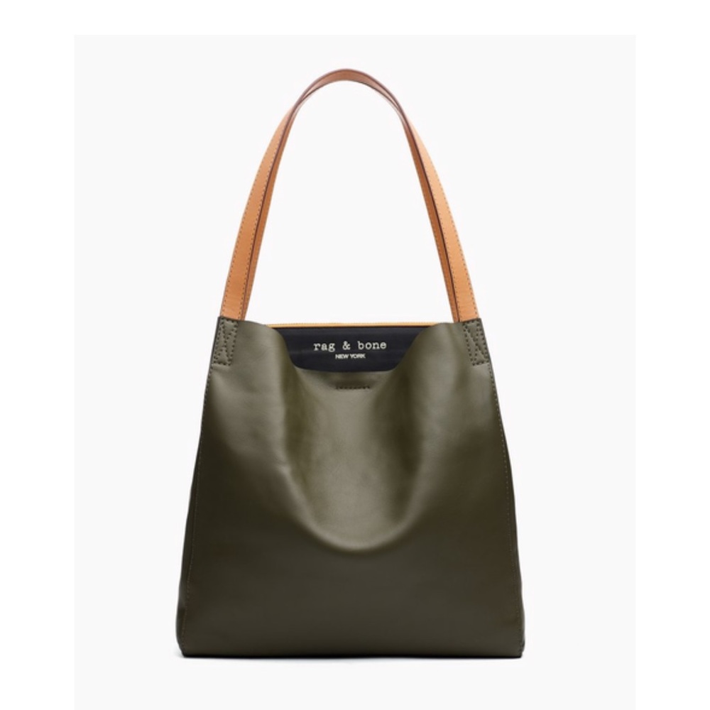 NWT Rag & Bone ‘Passenger’ leather tote; olive w: tan straps, orange accents.